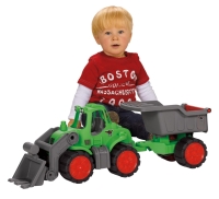Power traktor s nakladačem a přívěsem s gumovými koly zelen