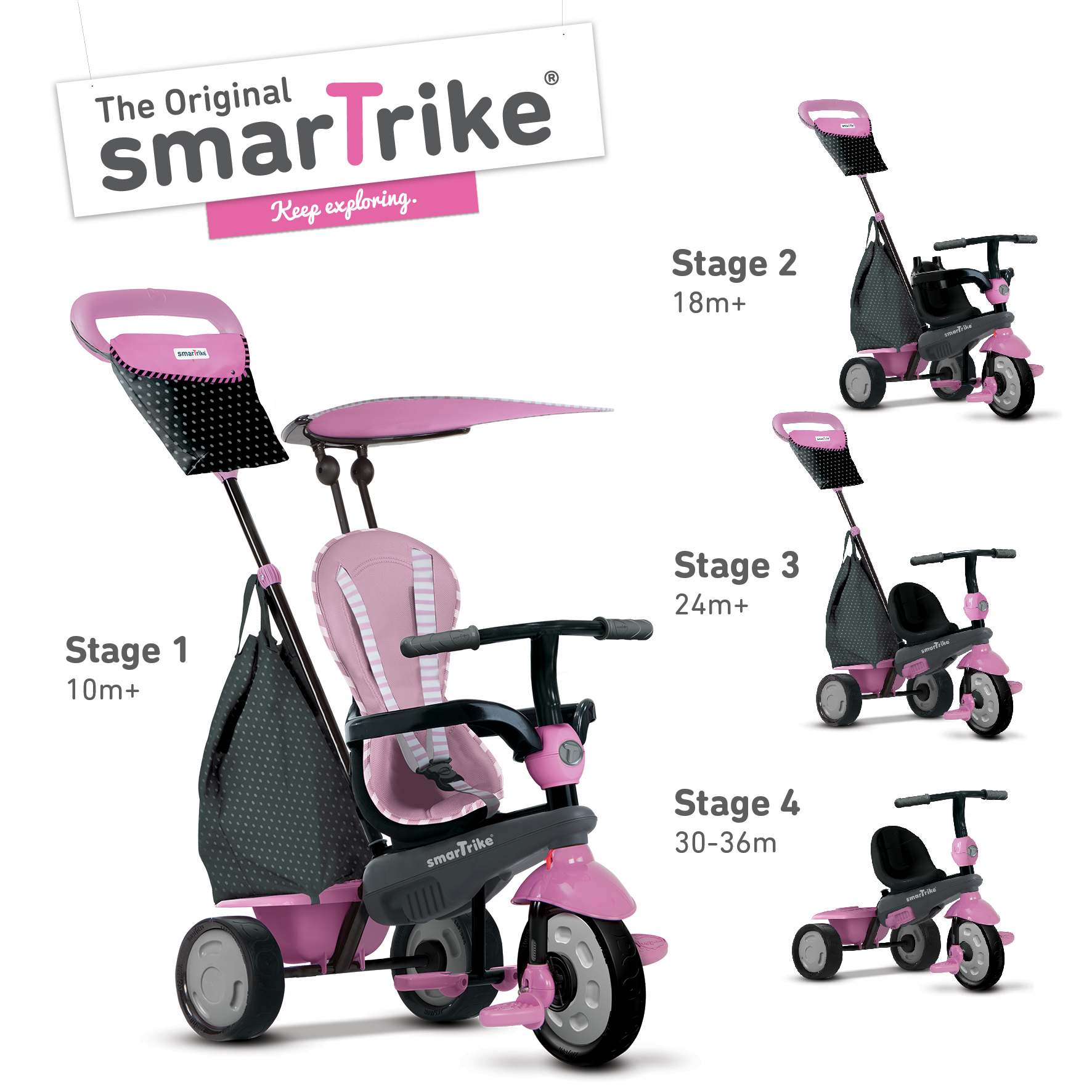 šedo-růžová tříkolka Shine 4v1 Touch Steering Grey&Pink