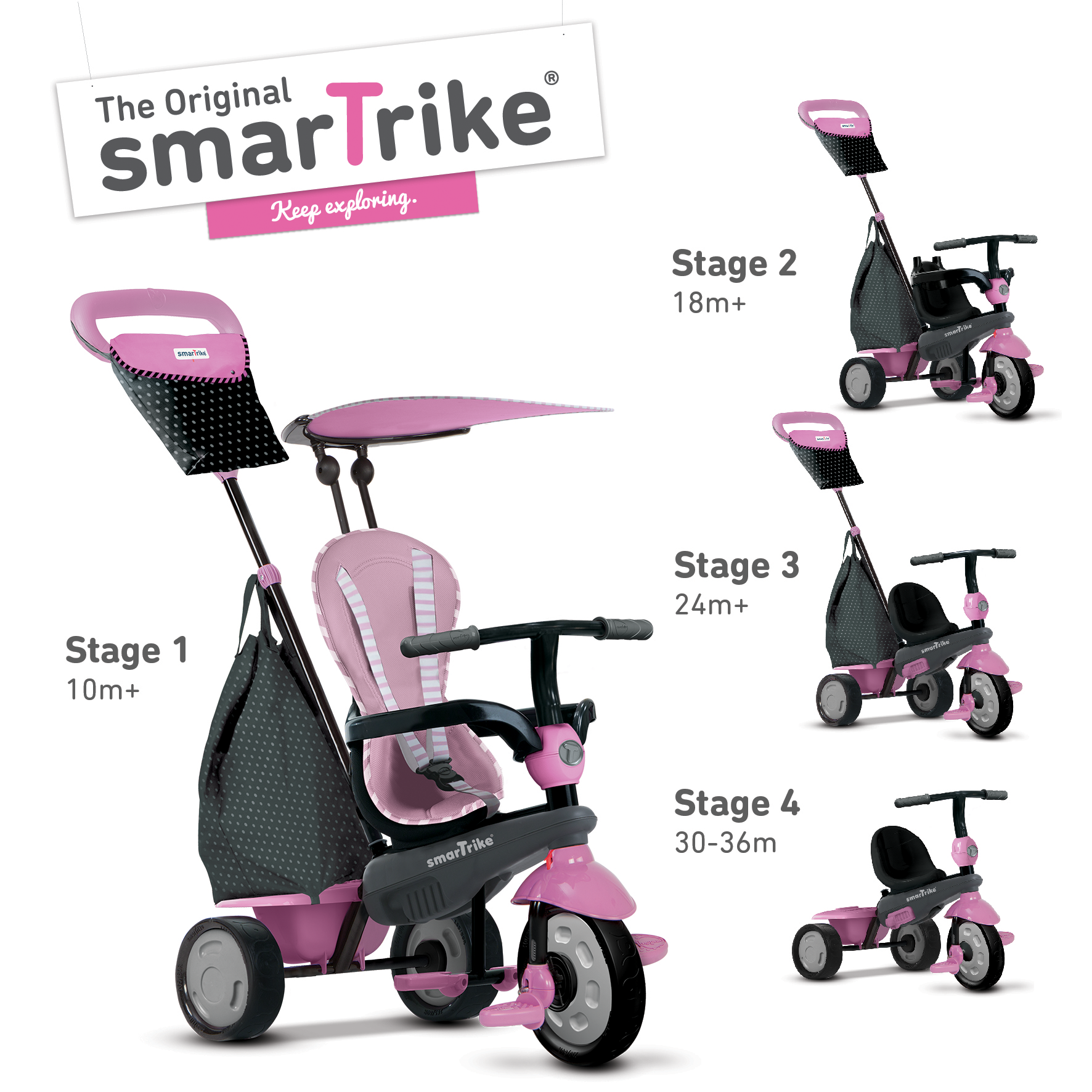 šedo-růžová tříkolka Shine 4v1 Touch Steering Grey&Pink - Kliknutím na obrázek zavřete