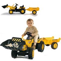 Šlapací traktor žlutý s vlekem a lžící