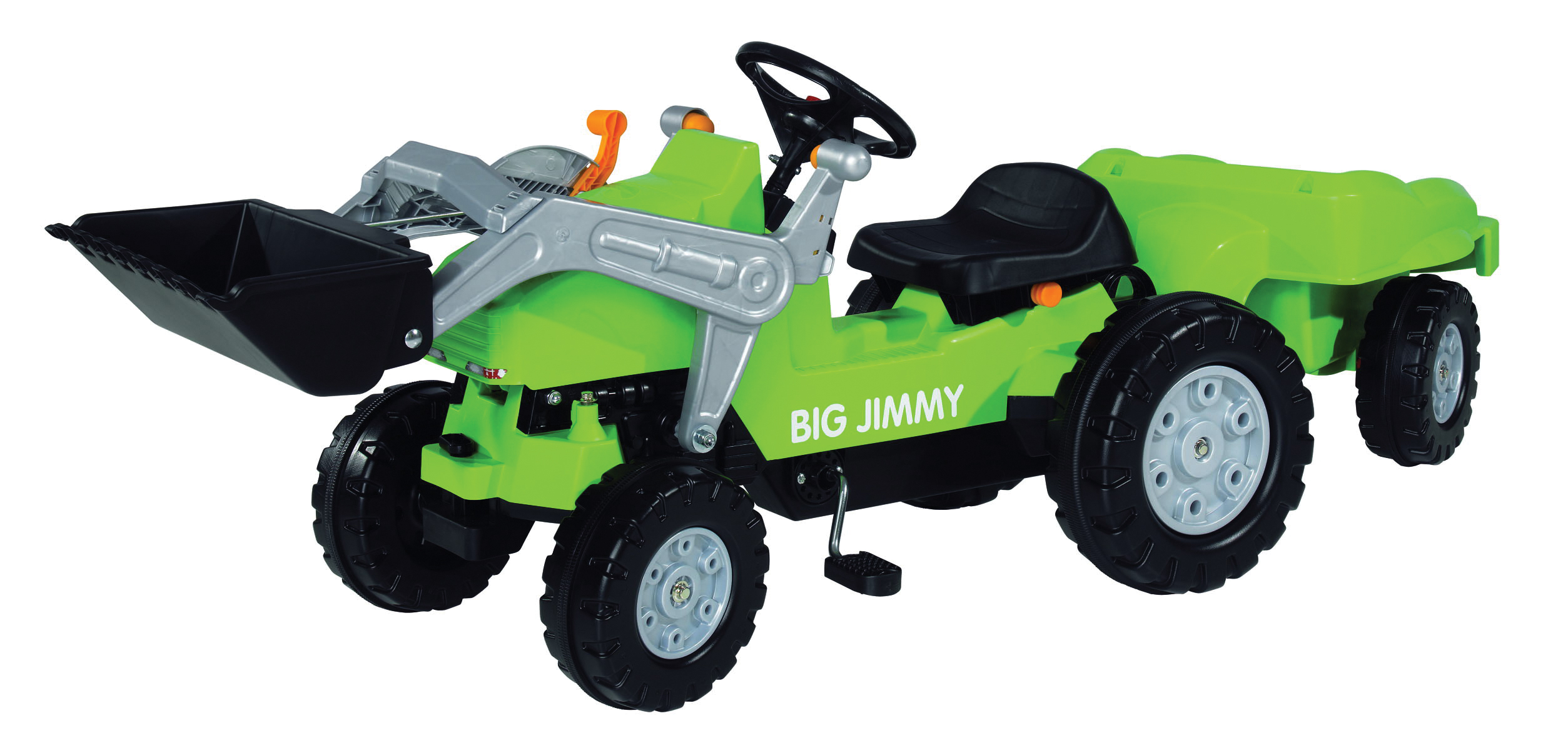 zelený šlapací traktor Jimmy s nakladačem a vlečkou od 3 le - Kliknutím na obrázek zavřete